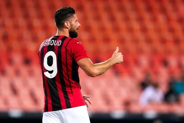 Oliver Giroud of AC Milan reacts during a pre-season friendly match between Valencia CF and AC Milan at Estadi de Mestalla on August 04, 2021 in...