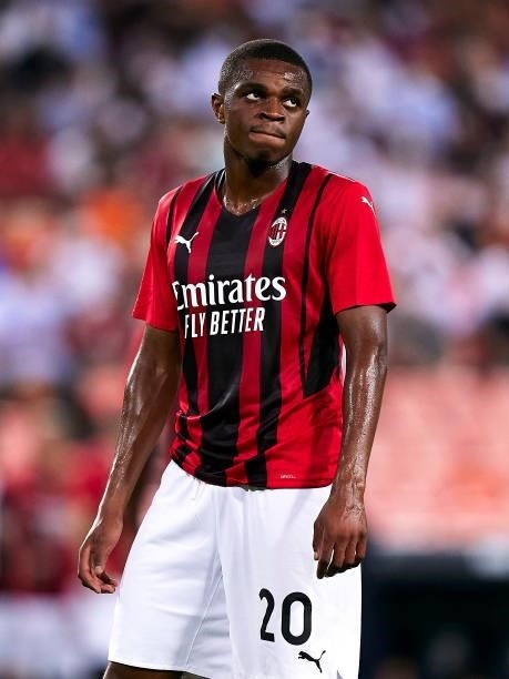 Pierre Kalulu of AC Milan looks on during a pre-season friendly match between Valencia CF and AC Milan at Estadi de Mestalla on August 04, 2021 in...