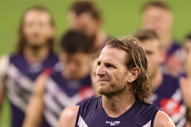 David Mundy of the Dockers looks on while leading the team from the field after being defeated during the round 21 AFL match between Fremantle...