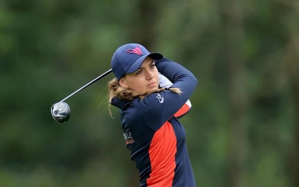 Gemma Clews of England plays her tee shot on the par 4, fourth hole at the JCB Golf & Country Club during the Rose Ladies Series at JCB Golf &...