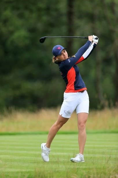 Gemma Clews of England plays her tee shot on the par 4, fourth hole at the JCB Golf & Country Club during the Rose Ladies Series at JCB Golf &...