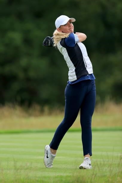 Luan Skeates of England plays her tee shot on the par 4, fourth hole at the JCB Golf & Country Club during the Rose Ladies Series at JCB Golf &...