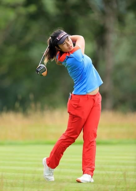Onkonok Soisuwan of Thailand plays her tee shot on the third hole during the Rose Ladies Series at JCB Golf & Country Club on August 05, 2021 in...