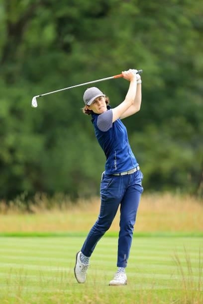Bel Wardle of England plays her tee shot on the par 4, fourth hole at the JCB Golf & Country Club during the Rose Ladies Series at JCB Golf & Country...