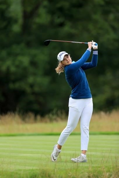Emily Slater of England plays her tee shot on the par 4, fourth hole at the JCB Golf & Country Club during the Rose Ladies Series at JCB Golf &...