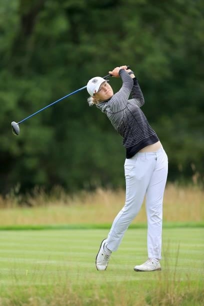 Kirsty Mitchell of Scotland plays her tee shot on the par 4, fourth hole at the JCB Golf & Country Club during the Rose Ladies Series at JCB Golf &...