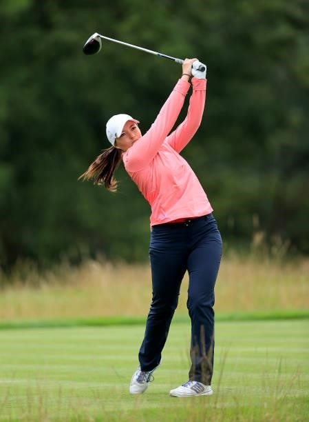 Becky McGeehan of England plays her tee shot on the par 4, fourth hole at the JCB Golf & Country Club during the Rose Ladies Series at JCB Golf &...