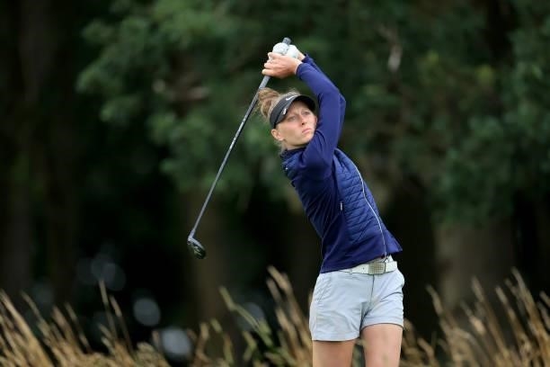 Ella Hammond-Baveystock of England plays her tee shot on the par 3, fifth hole at the JCB Golf & Country Club during the Rose Ladies Series at JCB...