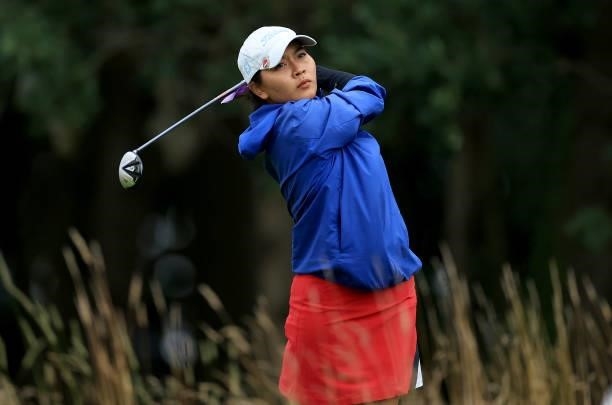 Pinkaew Trachuentong of Thailand plays her tee shot on the fifth hole during the Rose Ladies Series at JCB Golf & Country Club on August 05, 2021 in...