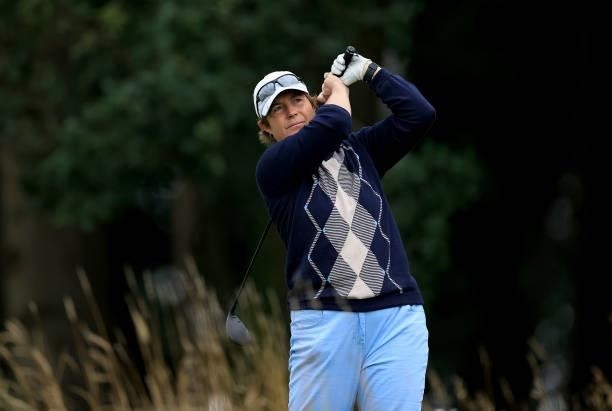 Caroline Grady of England plays her tee shot on the par 3, fifth hole at the JCB Golf & Country Club during the Rose Ladies Series at JCB Golf &...