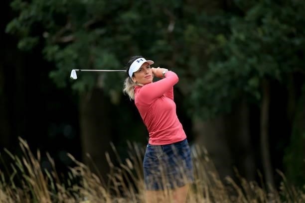 Eugenie Knight of England plays her tee shot on the par 3, fifth hole at the JCB Golf & Country Club during the Rose Ladies Series at JCB Golf &...