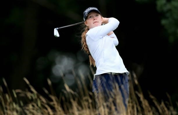 Isabelle Simpson of England plays her tee shot on the par 3, fifth hole at the JCB Golf & Country Club during the Rose Ladies Series at JCB Golf &...