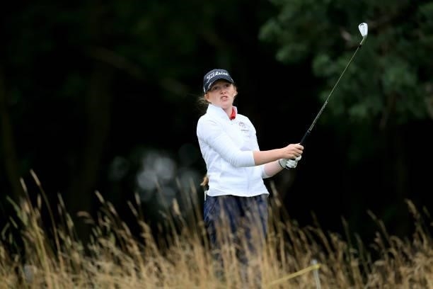 Isabelle Simpson of England plays her tee shot on the par 3, fifth hole at the JCB Golf & Country Club during the Rose Ladies Series at JCB Golf &...