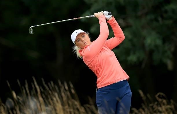 Jessica Adams of England plays her tee shot on the par 3, fifth hole at the JCB Golf & Country Club during the Rose Ladies Series at JCB Golf &...