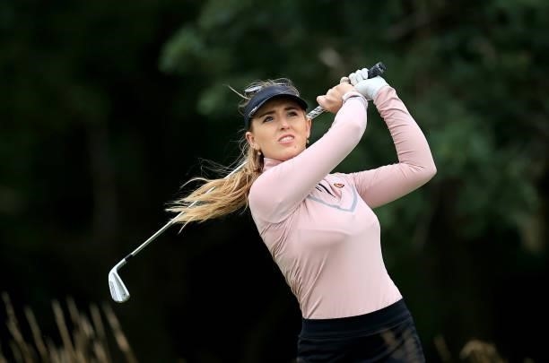 Olivia Cooke of England plays her tee shot on the par 3, fifth hole at the JCB Golf & Country Club during the Rose Ladies Series at JCB Golf &...