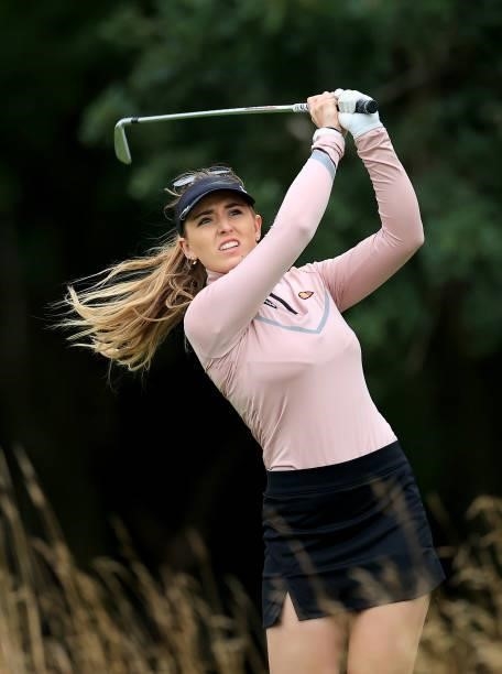 Olivia Cooke of England plays her tee shot on the par 3, fifth hole at the JCB Golf & Country Club during the Rose Ladies Series at JCB Golf &...