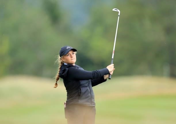Sophie Keech of England plays her second shot on the par 4, fourth hole at the JCB Golf & Country Club during the Rose Ladies Series at JCB Golf &...
