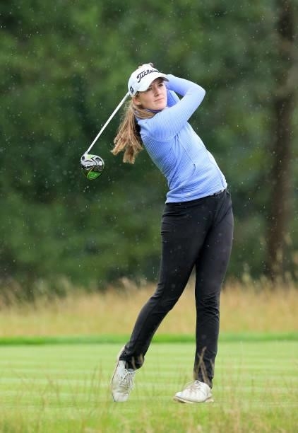 Jess Baker of England plays her second shot on the par 4, fourth hole at the JCB Golf & Country Club during the Rose Ladies Series at JCB Golf &...