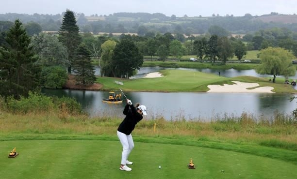 Pannarat Thanapolboonyaras of Thailand plays her tee shot on the 17th hole during the Rose Ladies Series at JCB Golf & Country Club on August 05,...