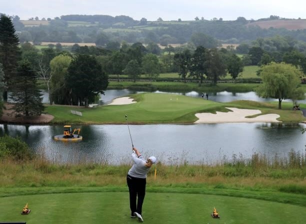 Kirsten Rudgeley of Australia plays her tee shot on the 17th hole during the Rose Ladies Series at JCB Golf & Country Club on August 05, 2021 in...