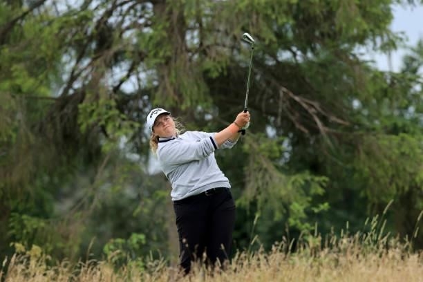 Kirsten Rudgeley of Australia plays her tee shot on the 16th hole during the Rose Ladies Series at JCB Golf & Country Club on August 05, 2021 in...