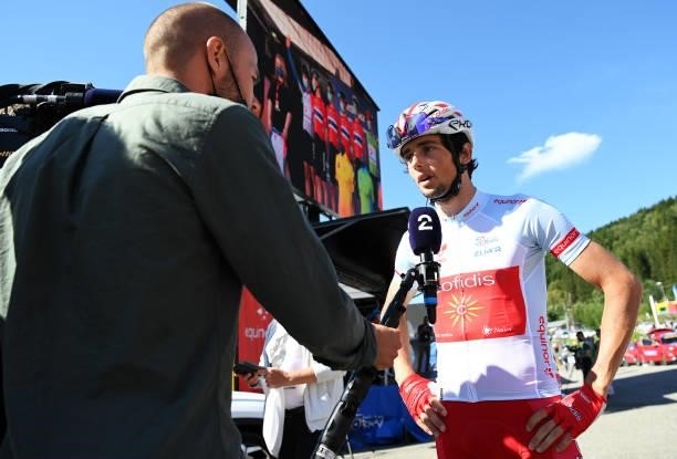 Victor Lafay of France and Team Cofidis White Best Young Rider Jersey meets the media press prior to the 8th Arctic Race Of Norway 2021, Stage 4 a...