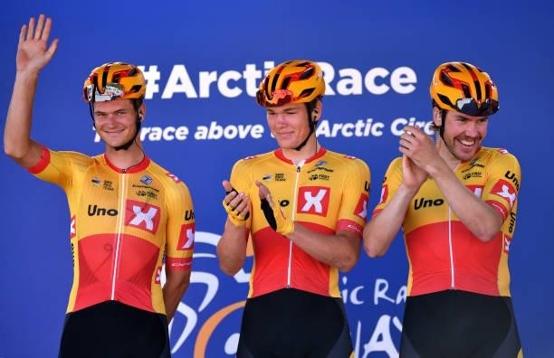 Westgaard Wærsted Syver of Norway, Søren Waerenskjold of Norway & Erik Nordsaeter Resell of Norway and UNO - X Pro Cycling Team prior to the 8th...