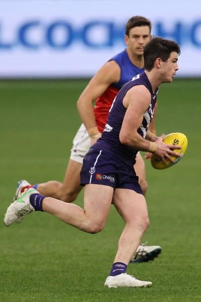 Andrew Brayshaw of the Dockers in action during the round 21 AFL match between Fremantle Dockers and Brisbane Lions at Optus Stadium on August 08,...
