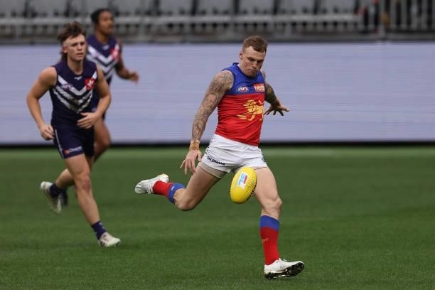 Mitch Robinson of the Lions in action during the round 21 AFL match between Fremantle Dockers and Brisbane Lions at Optus Stadium on August 08, 2021...