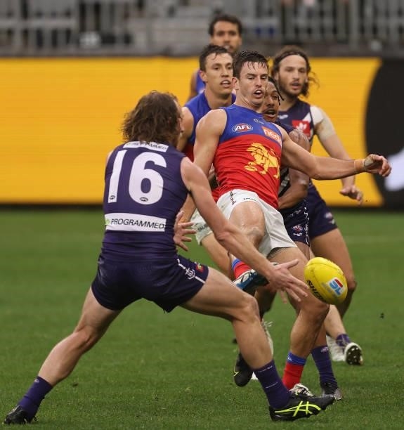 Jarryd Lyons of the Lions in action during the round 21 AFL match between Fremantle Dockers and Brisbane Lions at Optus Stadium on August 08, 2021 in...