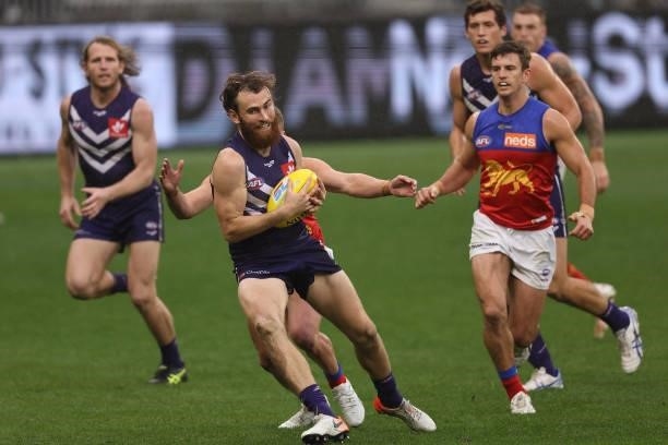 Connor Blakely of the Dockers in action during the round 21 AFL match between Fremantle Dockers and Brisbane Lions at Optus Stadium on August 08,...