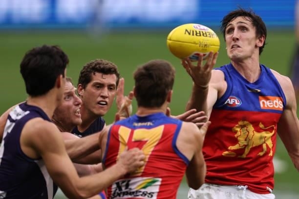 Oscar McInerney of the Lions in action during the round 21 AFL match between Fremantle Dockers and Brisbane Lions at Optus Stadium on August 08, 2021...