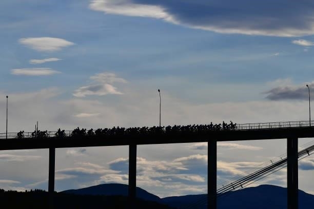 The Peloton passing through Tjeldsund Bridge during the 8th Arctic Race Of Norway 2021, Stage 4 a 163,5km stage from Gratangen to Harstad 54m /...