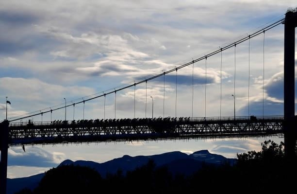 The Peloton passing through Tjeldsund Bridge during the 8th Arctic Race Of Norway 2021, Stage 4 a 163,5km stage from Gratangen to Harstad 54m /...