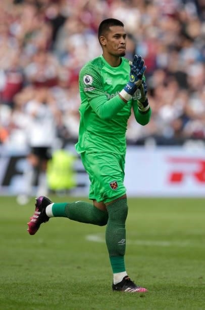 Alphonse Areola of West Ham United during the pre-season friendly match between West Ham United and Atalanta at London Stadium on August 7, 2021 in...