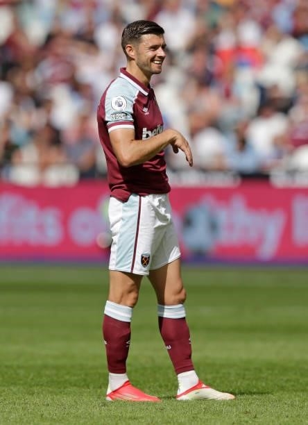 Aaron Cresswell of West Ham United during the pre-season friendly match between West Ham United and Atalanta at London Stadium on August 7, 2021 in...
