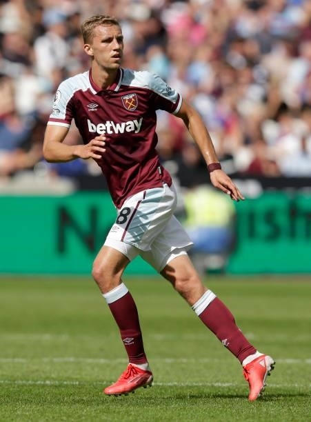 Tomá Souek of West Ham United in action during the pre-season friendly match between West Ham United and Atalanta at London Stadium on August 7, 2021...