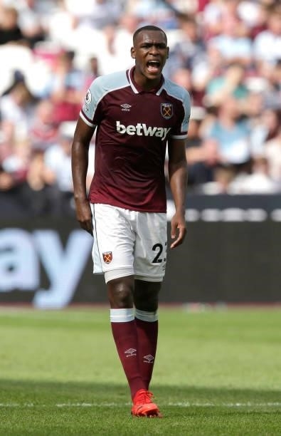 Issa Diop of West Ham United in action during the pre-season friendly match between West Ham United and Atalanta at London Stadium on August 7, 2021...