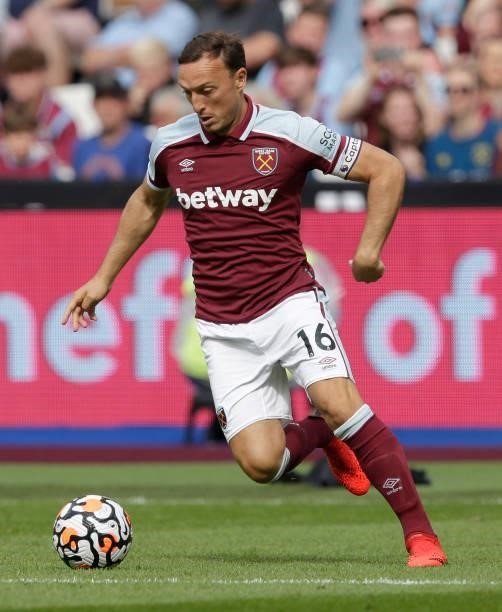 Mark Noble of West Ham United in action during the pre-season friendly match between West Ham United and Atalanta at London Stadium on August 7, 2021...