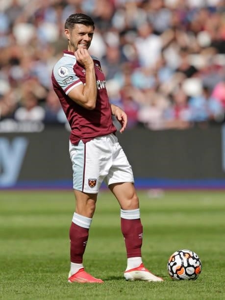 Aaron Cresswell of West Ham United lines up a free kick during the pre-season friendly match between West Ham United and Atalanta at London Stadium...
