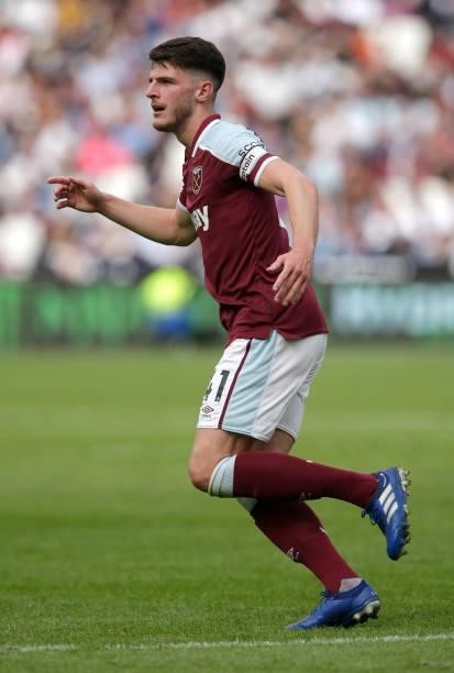 Declan Rice of West Ham United in action during the pre-season friendly match between West Ham United and Atalanta at London Stadium on August 7,...