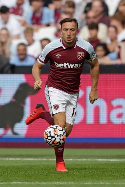 Mark Noble of West Ham United in action during the pre-season friendly match between West Ham United and Atalanta at London Stadium on August 7, 2021...