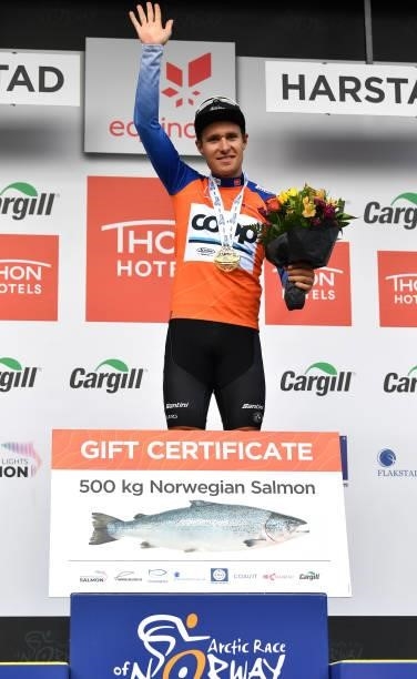 Frederik Dversnes of Norway and Team Team COOP Salmon Mountain Jersey celebrates at podium during the 8th Arctic Race Of Norway 2021, Stage 4 a...
