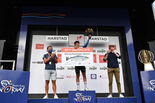 Frederik Dversnes of Norway and Team Team COOP Salmon Mountain Jersey celebrates at podium during the 8th Arctic Race Of Norway 2021, Stage 4 a...