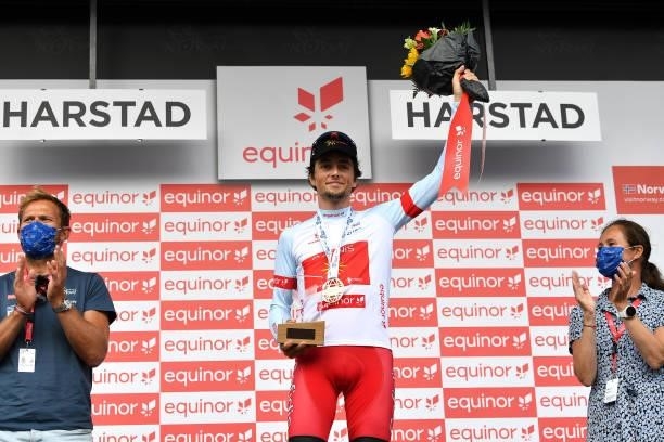 Victor Lafay of France and Team Cofidis White Best Young Rider Jersey celebrates at podium during the 8th Arctic Race Of Norway 2021, Stage 4 a...