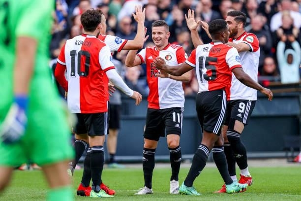 Bryan Linssen of Feyenoord celebrates after scoring his teams first goal during the Preseason Friendly Match match between Feyenoord and Atletico...