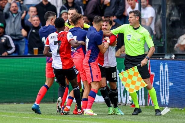 Conflict between players of Feyenoord and players of Atletico Madrid, Assistant Referee Charl Schaap during the Preseason Friendly Match match...