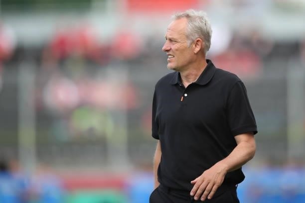 Christian Streich, Head coach of SC Freiburg looks on prior to the DFB Cup first round match between Würzburger Kickers and SC Freiburg at Flyeralarm...