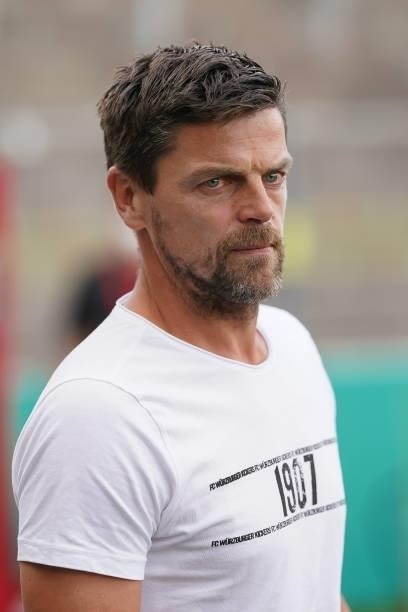 Torsten Ziegner, Head coach of Wuerzburger Kickers looks on prior to the DFB Cup first round match between Würzburger Kickers and SC Freiburg at...