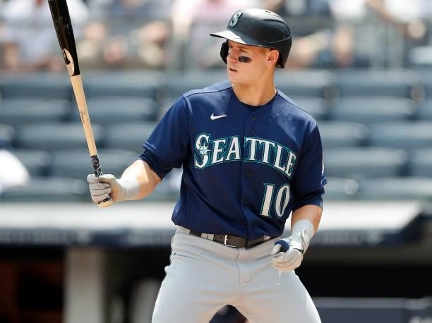 Jarred Kelenic of the Seattle Mariners in action against the New York Yankees at Yankee Stadium on August 07, 2021 in New York City. The Yankees...
